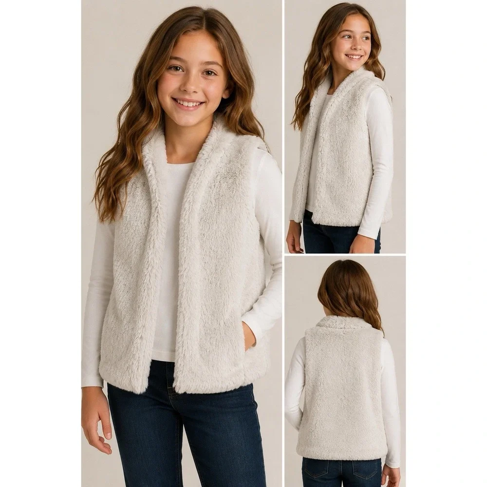 OshKosh B'gosh Girls Gray Faux Fur Lined Vest Fur Trim Hook & Eye Size 12